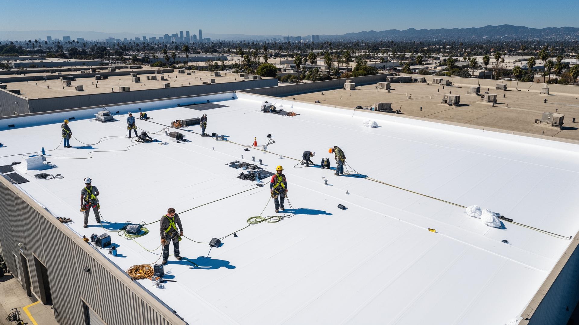 Commercial roofing crew on industrial flat roof in Los Angeles