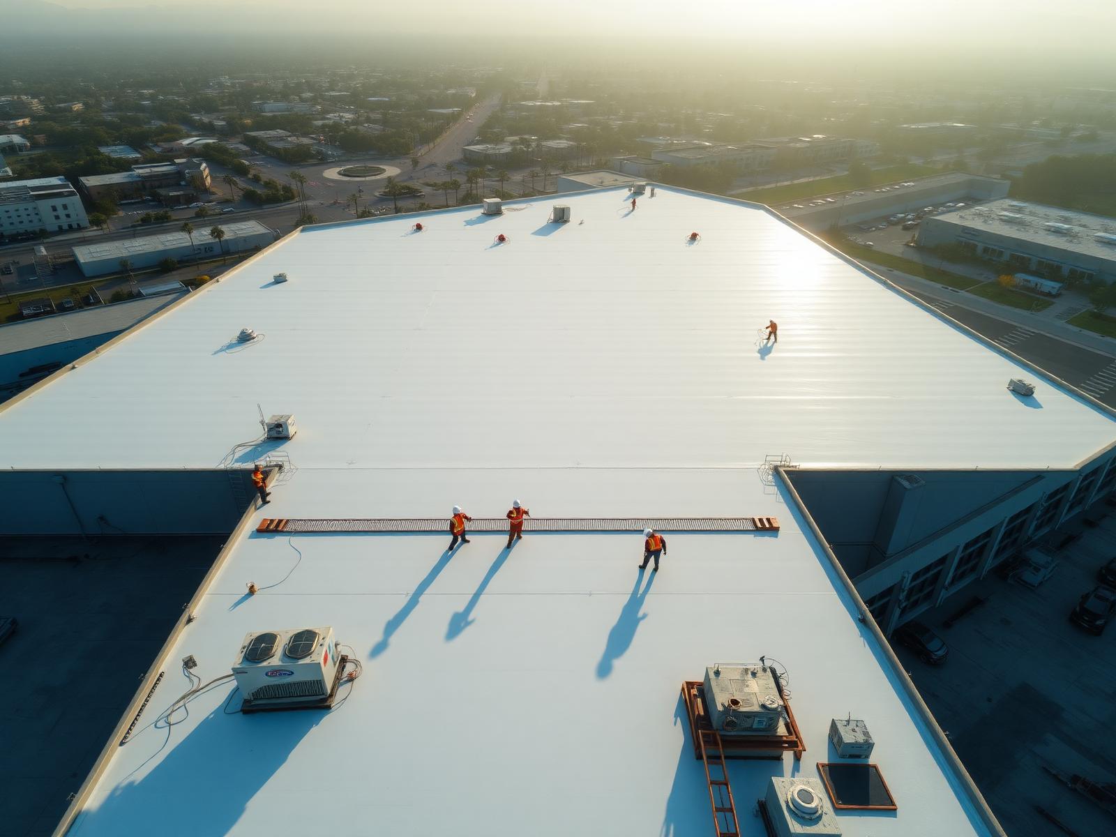 KAT Roofing crew installing TPO membrane on a massive commercial warehouse rooftop in Los Angeles